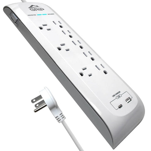 GRiP 8 Outlet Surge Protector w/USB & USB-C Ports and Flat Plug - White (Certified Refurbished)