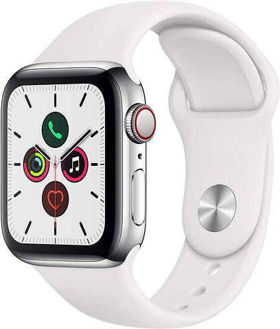 Apple Watch Series 5 (2019) 44mm GPS + Cellular - Stainless Steel Case & White Sport Band (Pre-Owned)