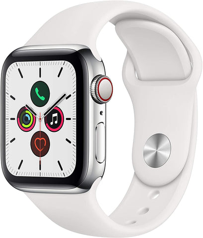 Apple Watch Series 5 (2019) 40mm GPS + Cellular - Stainless Steel Case & White Sport Band (Pre-Owned)